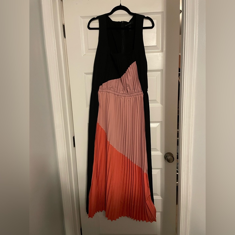 Ashley Stewart Black, Pink, and Coral Asymmetrical Colorblock Design Maxi Dress